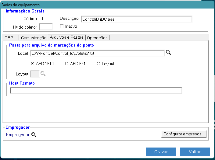 Aba Arquivos e Pastas do cadastro de relógios