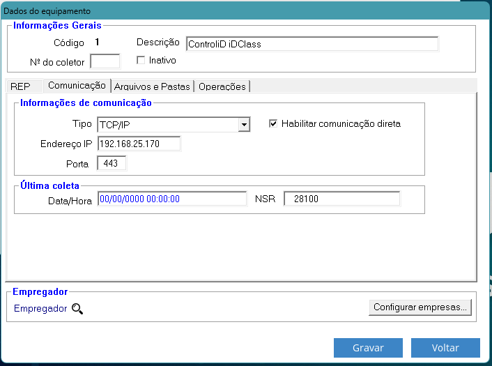 Aba Comunicação do cadastro de relógios