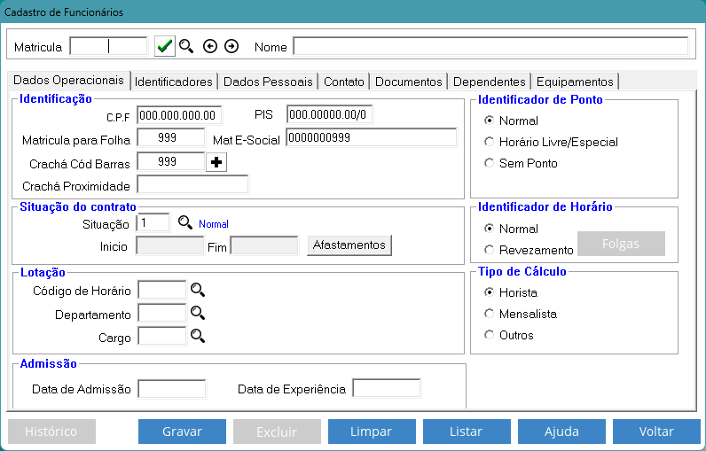 Tela de cadastro de funcionários