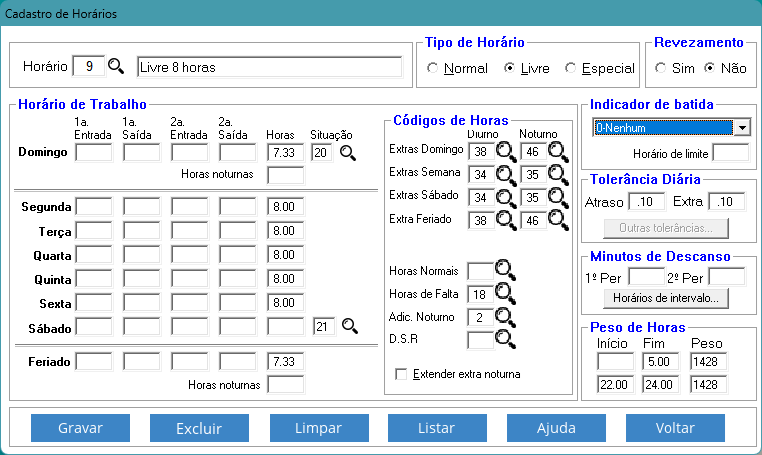 Tela de cadastro de horario livre