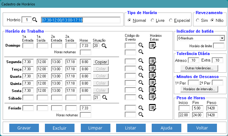 Tela de cadastro de horario normal