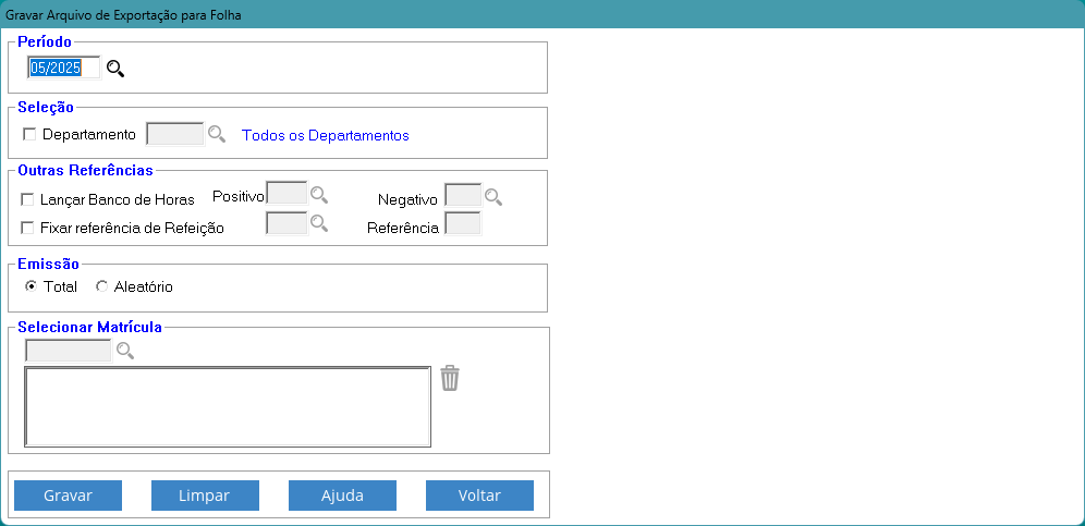 Tela de exportação para folha de pagamento