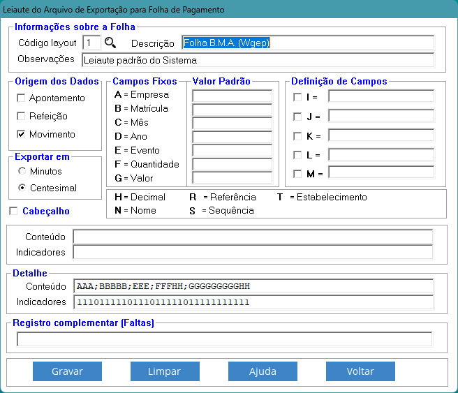 Tela de configuração do leiaute de exportação para folha
